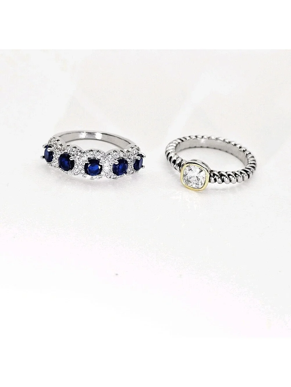 Lot of 2 Size 6.5 Rings Two-tone Gold- & Rhodium-plated Blue Sapphire CZ Band